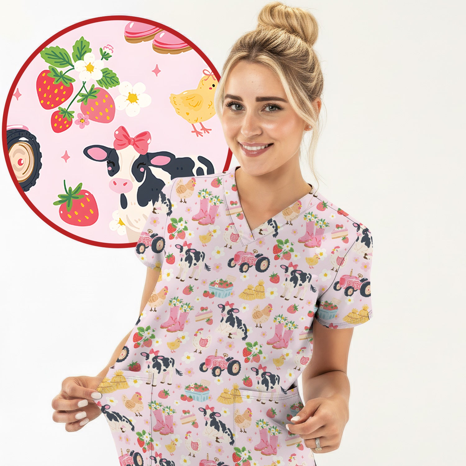 Cute Farm Animals & Strawberry Garden Pattern Scrub Top, Comfortable Scrubs for Nurses