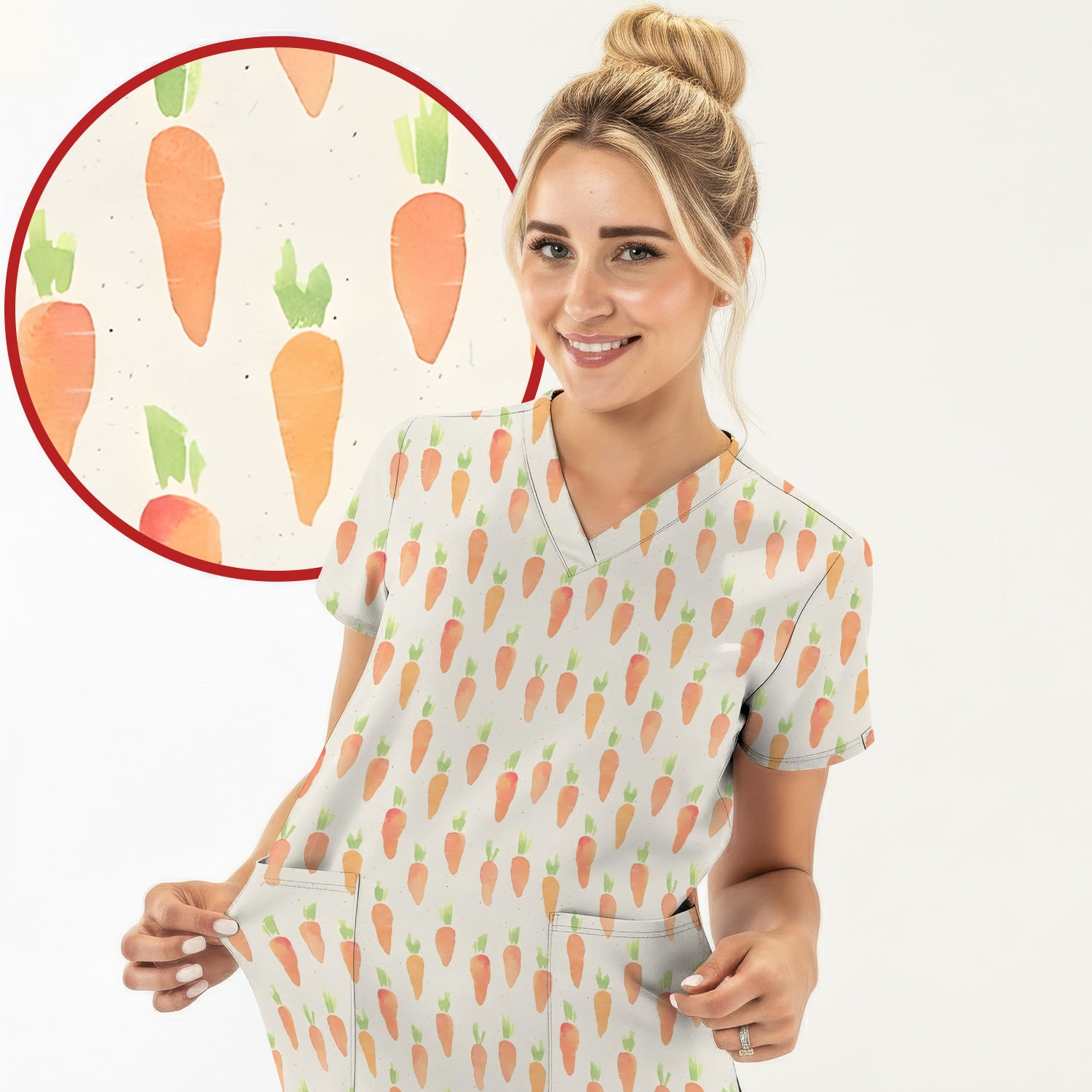 Simple Carrot Cute Pattern Scrubs Top, Comfortable Scrubs for Nurses