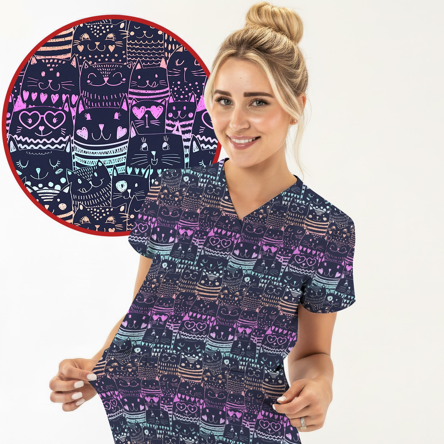 Cute Neon Cat Faces Pattern Scrub Top, Comfortable Scrubs for Nurses