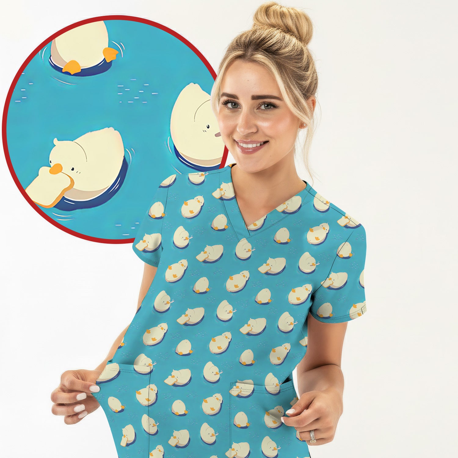 Cute Blue Duck Pond Pattern Scrub Top, Comfortable Scrubs For Nurses