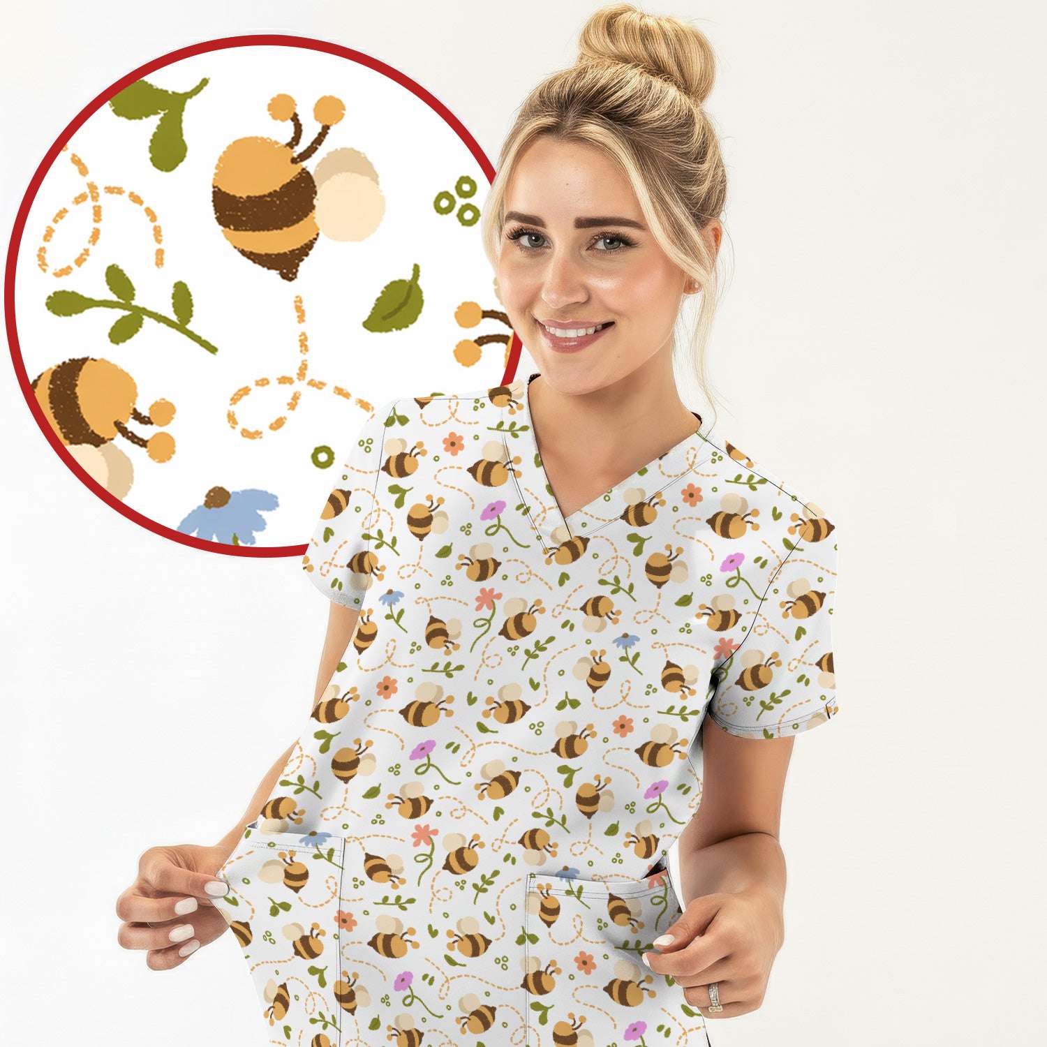 Bee Flying Floral Trail Garden Pattern Scrub Top, Breathable Fabrics Nursing Uniform