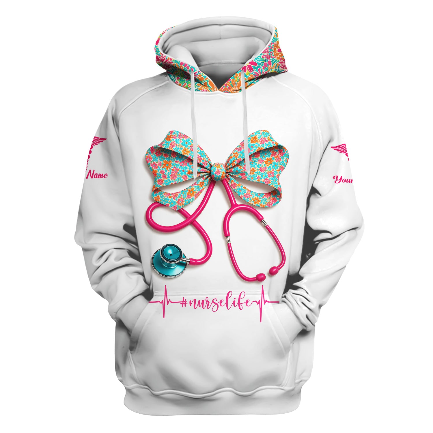 Custom Name Floral Bow Nurse Life Shirt - Cute Stethoscope Design with Heartbeat Graphic - Gift for RN LPN CNA Medical Staff