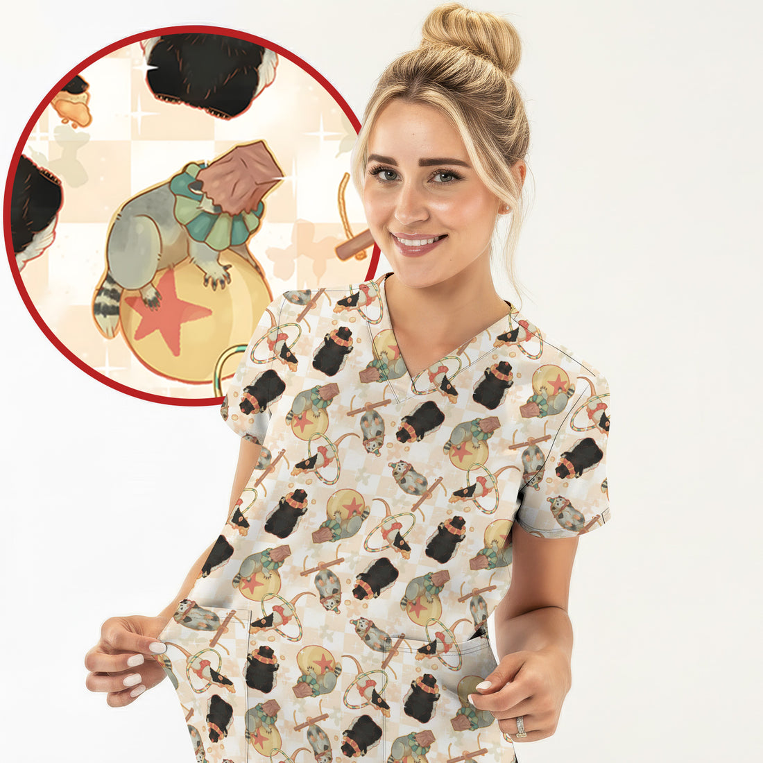 Cute Circus Animal Mouse Acrobat Pattern Scrub Top, Comfortable Scrubs for Nurses