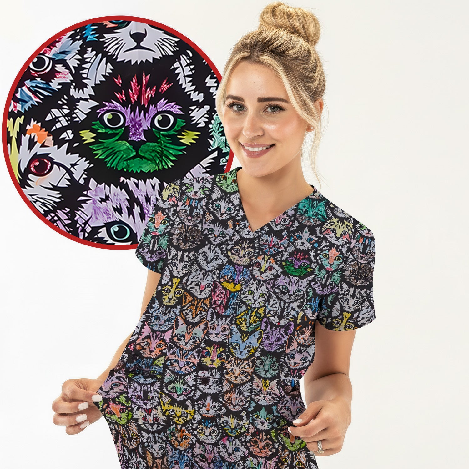 Colorful Cat Faces Pattern Scrub Top, Artistic Kitty Portrait Print, Breathable Fabrics Nursing Uniform