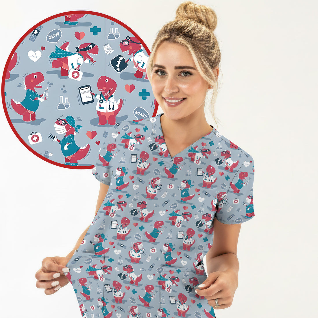 Cute Dinosaur Doctor Medical Pattern Scrub Top, Breathable Fabrics Nursing Uniform