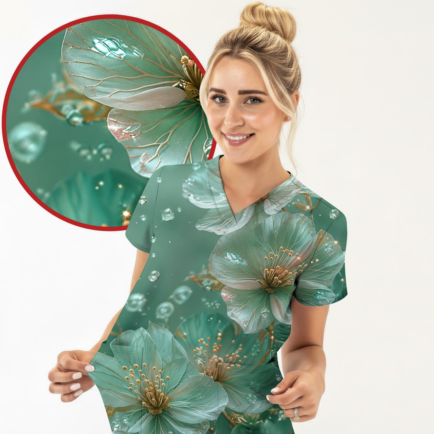 Elegant Mint Blossom Dewdrop Pattern Scrub Top, Comfortable Scrubs for Nurses