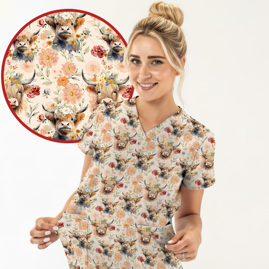 Cute Highland Cow Floral Pattern Scrub Top, Comfortable Scrubs for Nurses