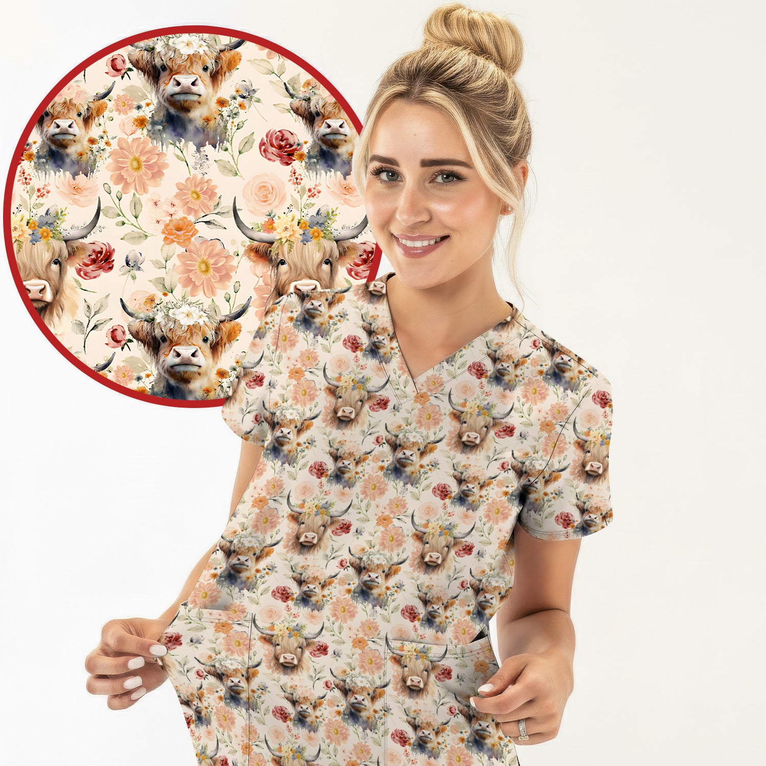 Cute Highland Cow Floral Pattern Scrub Top, Comfortable Scrubs for Nurses