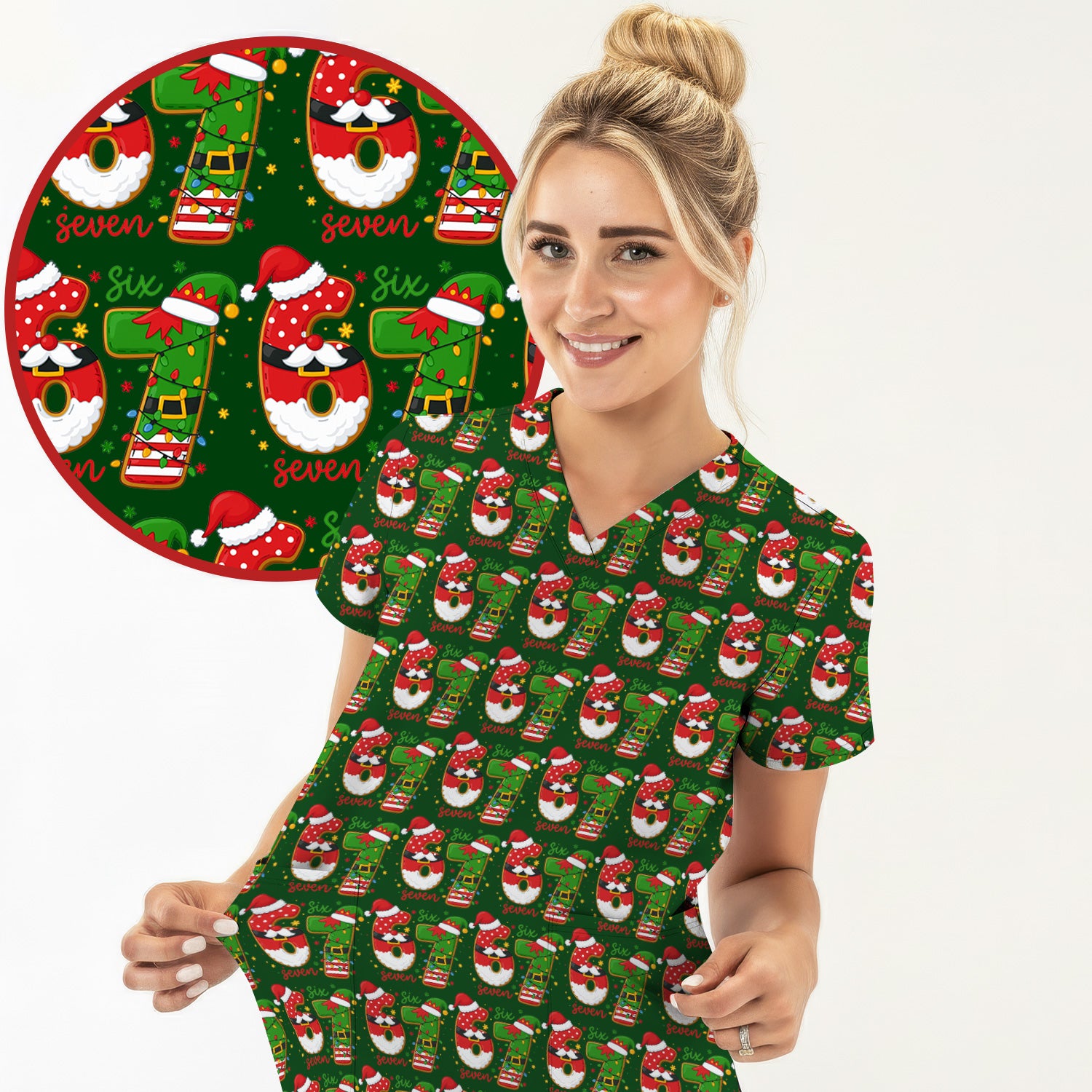 Christmas 67 Pattern Scrub Top, Festive Holiday Medical Uniform Shirt For Nursing