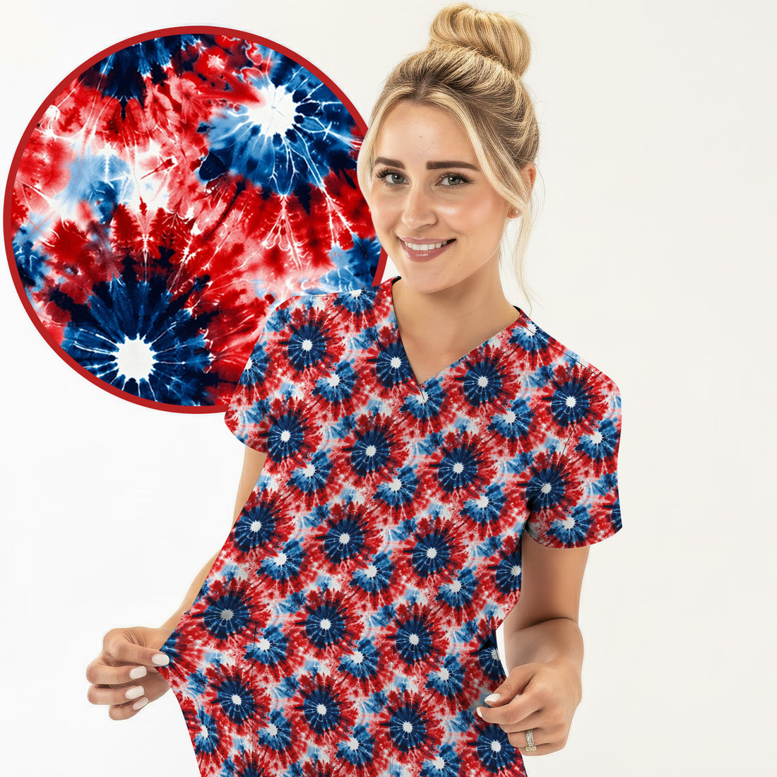 Festive Nurse Tie Dye Firework Burst Pattern Scrub Top, Breathable Fabrics Nursing Uniform