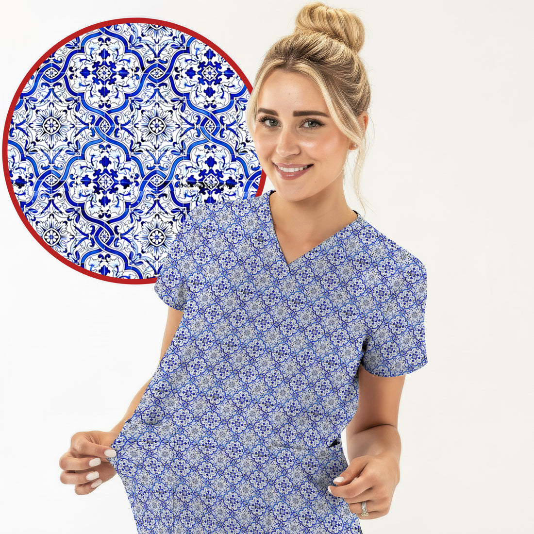 Blue Vintage Tile Floral Pattern Scrub Top, Breathable Fabrics Nursing Uniform
