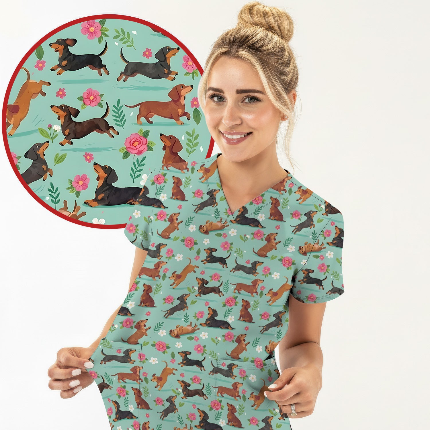 Cute Floral Dachshund Puppy Pattern Scrub Top, Comfortable Scrubs for Nurses