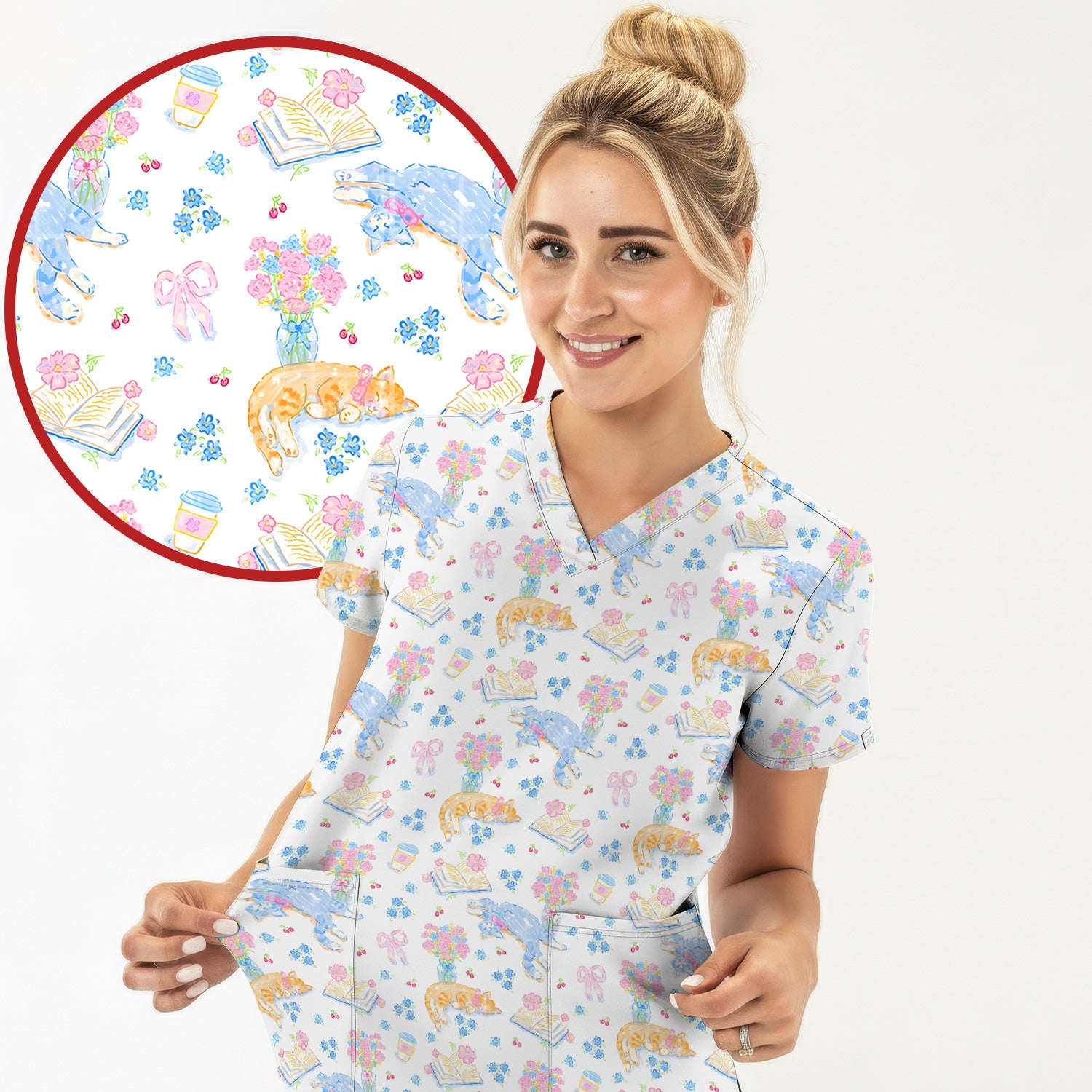 Cute Cats Reading Floral Books Pattern Scrub Top, Comfortable Scrubs for Nurses