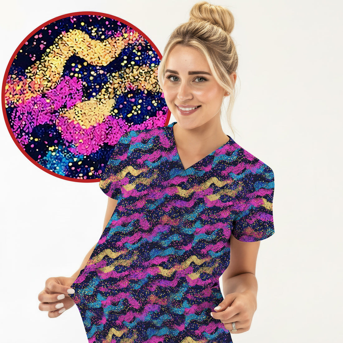 Neon Glitter Galaxy Wavy Pattern Scrub Top, Breathable Fabrics Nursing Uniform