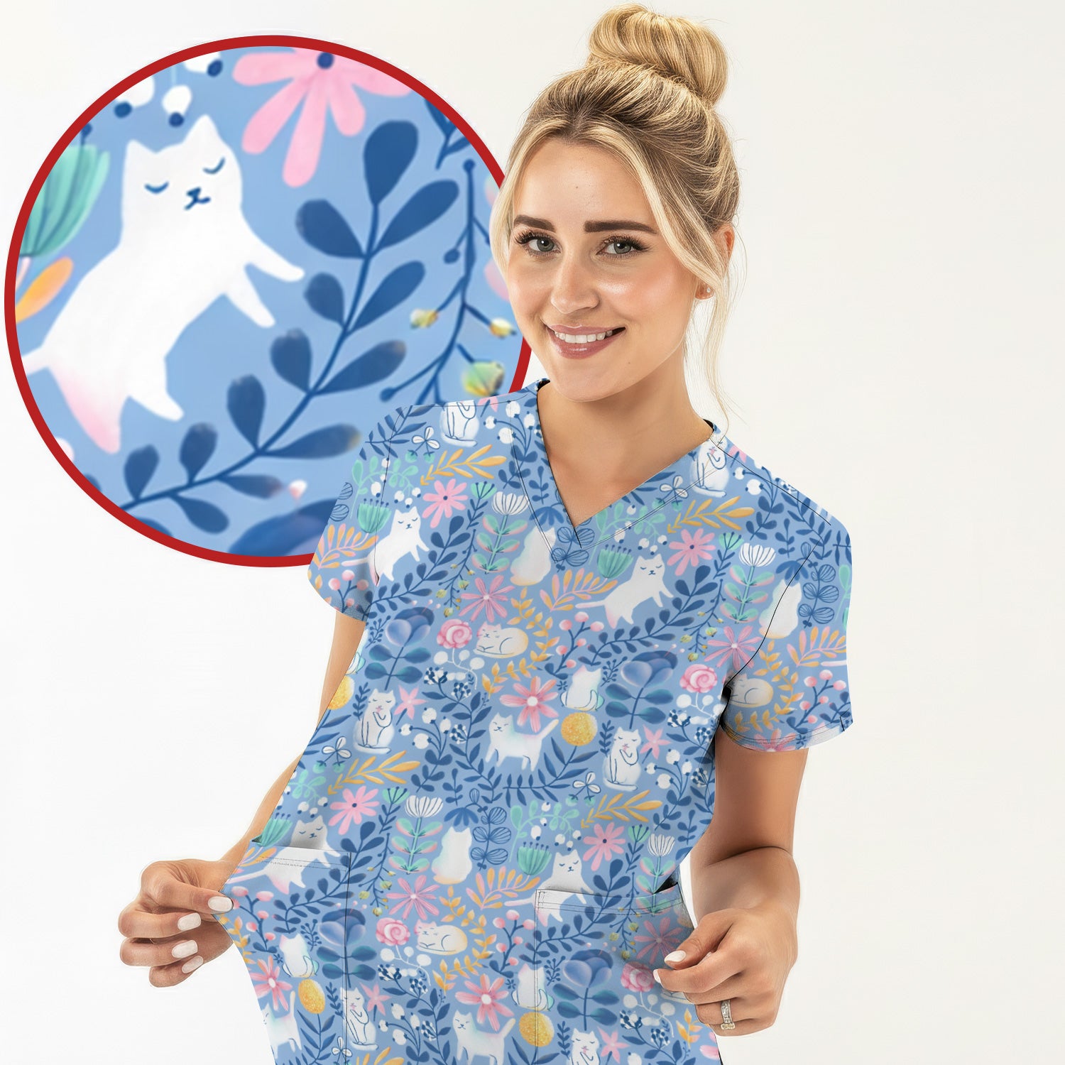 Whimsical Cat Floral Pattern Scrub Top, Breathable Fabrics Nursing Uniform