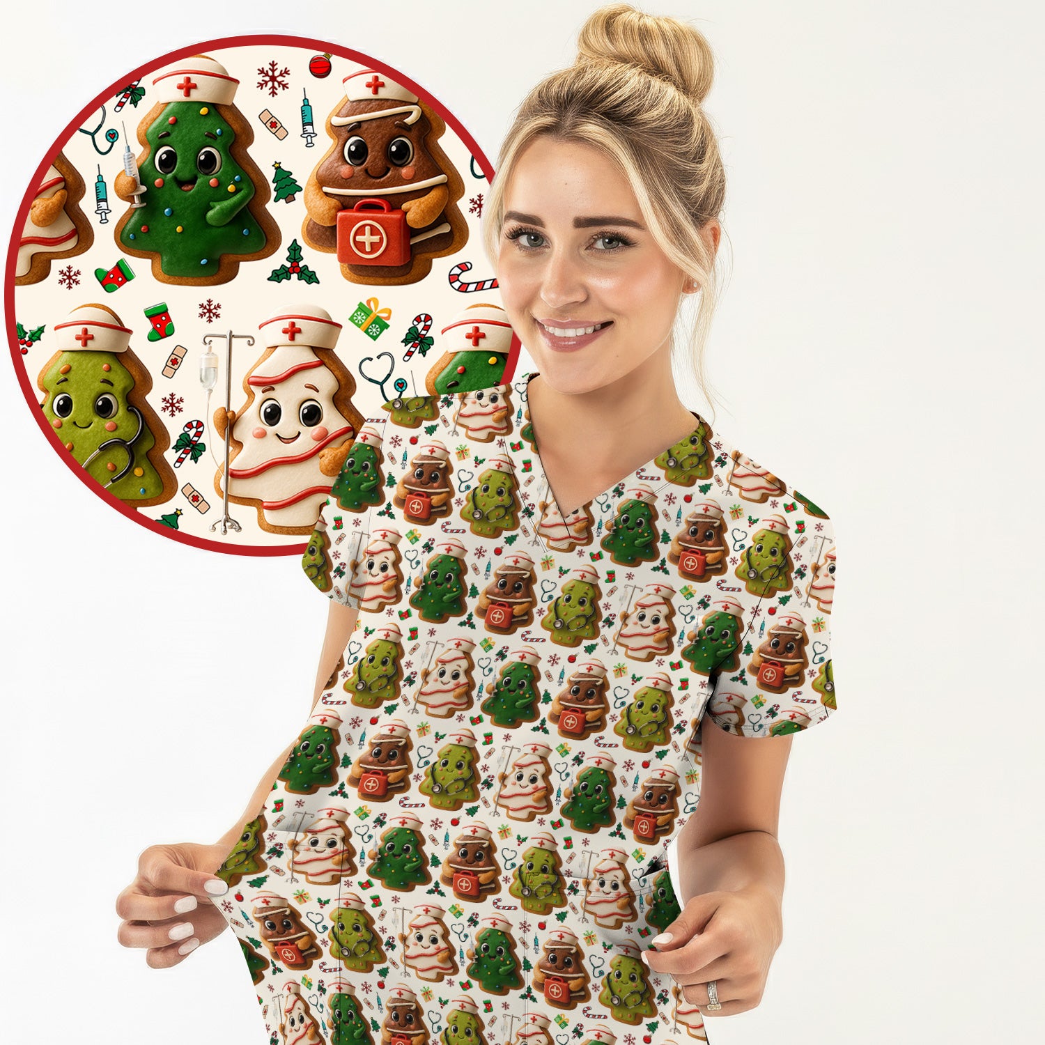 Christmas Cookie Scrub Top – Festive Nurse & Holiday Tree Pattern – Cute Medical Uniform for Nurses, Vets and Healthcare Workers