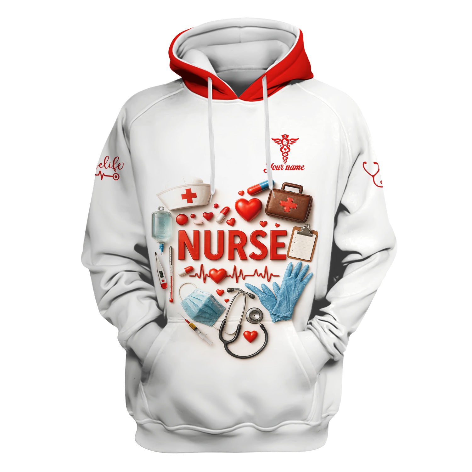 Custom Nurse Scrubs - Medical Tools & Heartbeat Graphic - Personalized Scrubs for RN CNA LPN Healthcare Workers