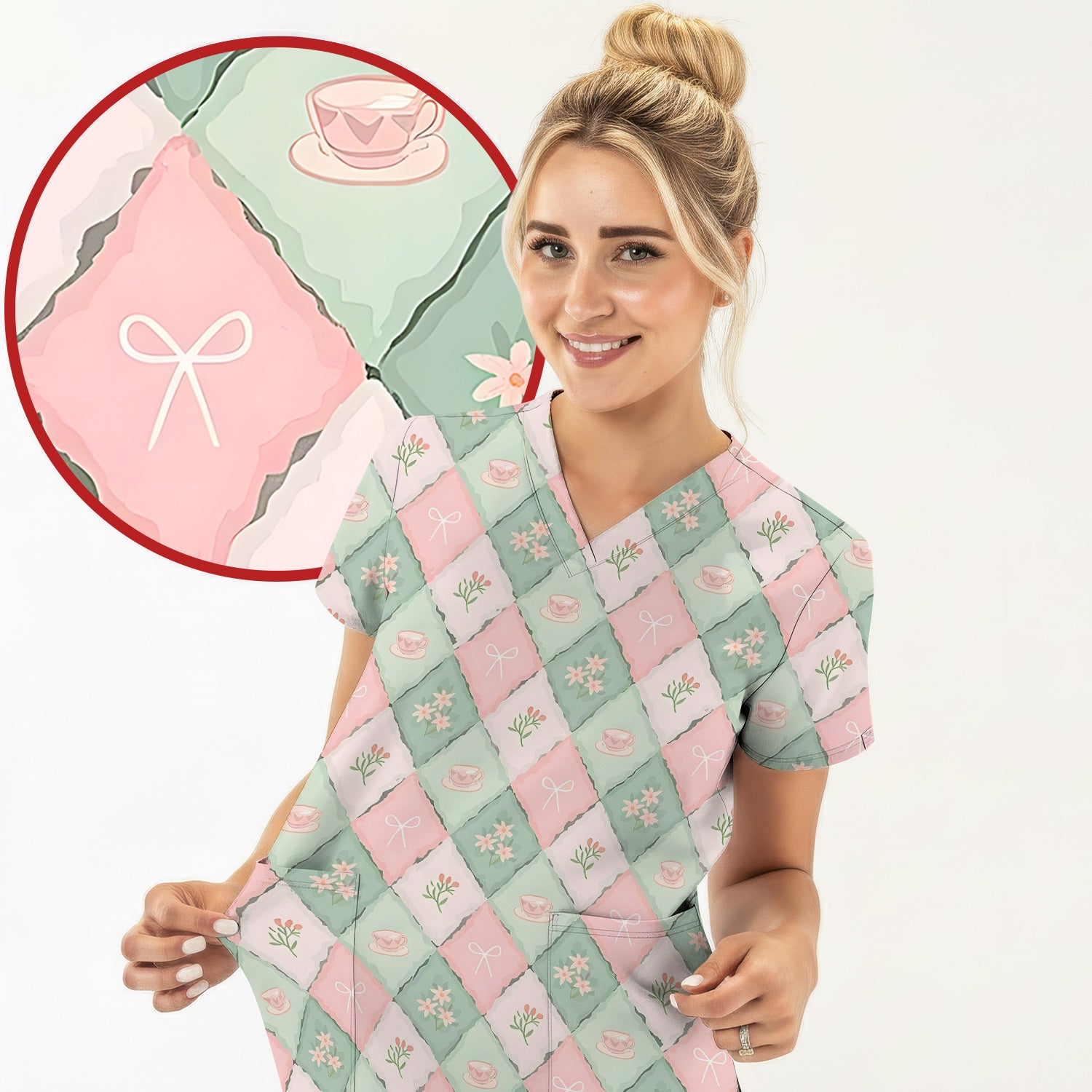 Flowers Tea Cups Pattern Scrubs Top, Comfortable Scrubs for Nurses