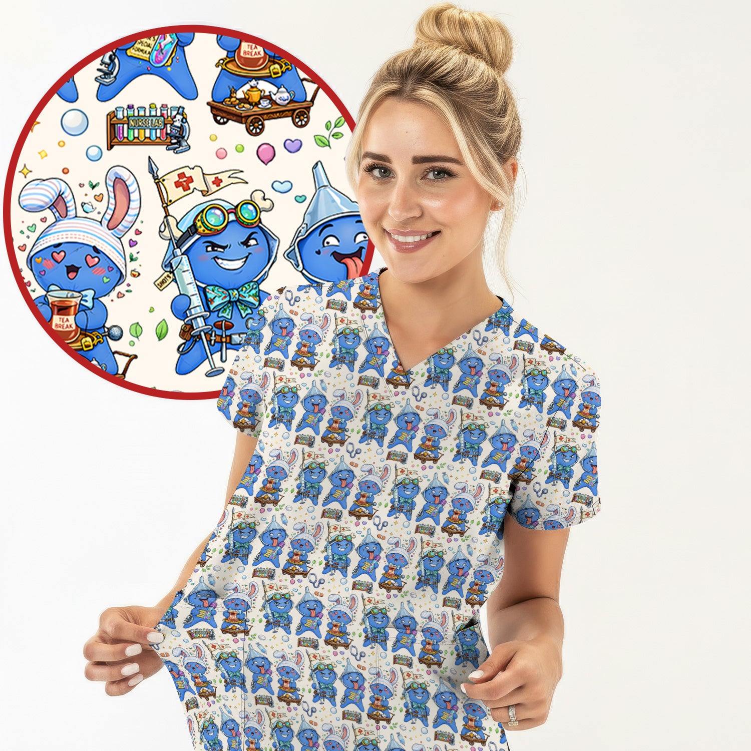 Cute Glove Doll Hospital Medical Cartoon Nurse Pattern Scrub Top, Comfortable Scrubs for Nurses