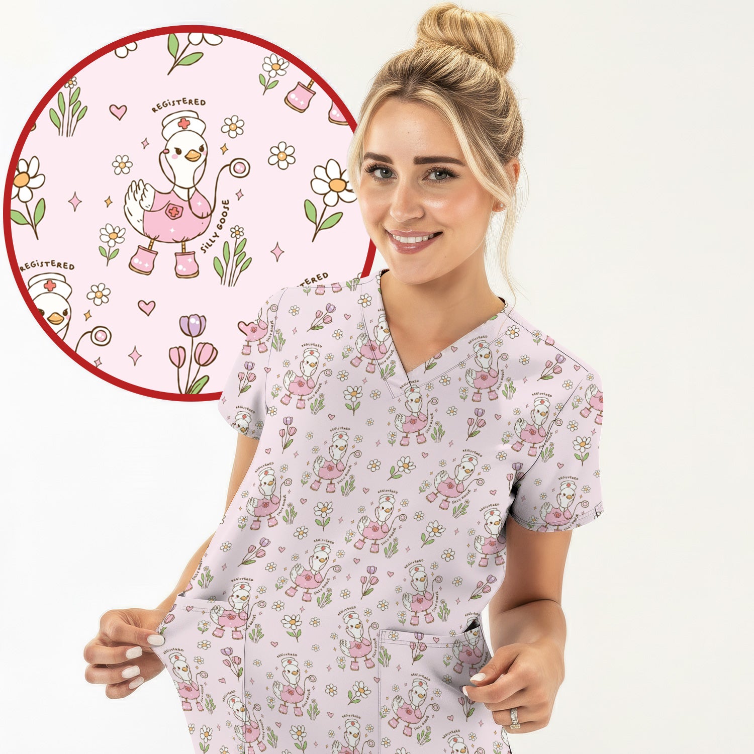Funny Nurse Goose Daisy Print Scrub Top, Breathable Fabrics Nursing Uniform