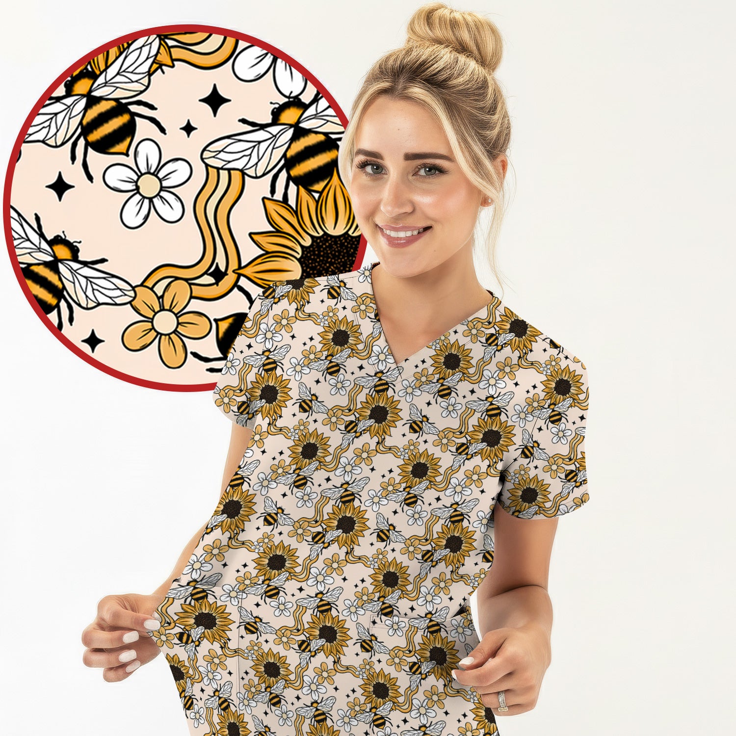 Sunflower And Honey Bee Floral Scrub Top, Breathable Fabrics Nursing Uniform