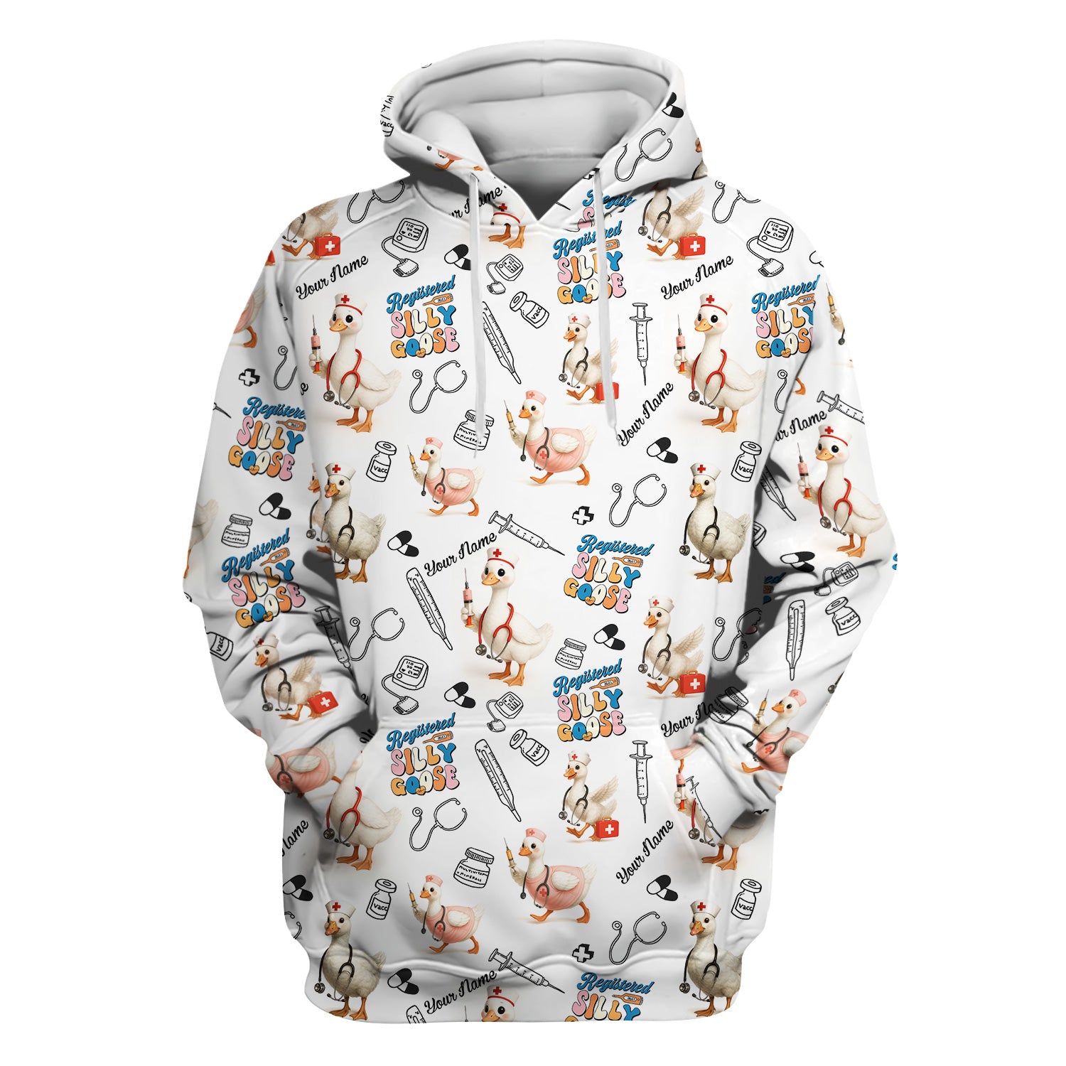 Funny Silly Goose Nurse Scrub Top Personalized Name - Cute Custom Uniform for RN LPN CNA - White V Neck Shirt for Women in Healthcare