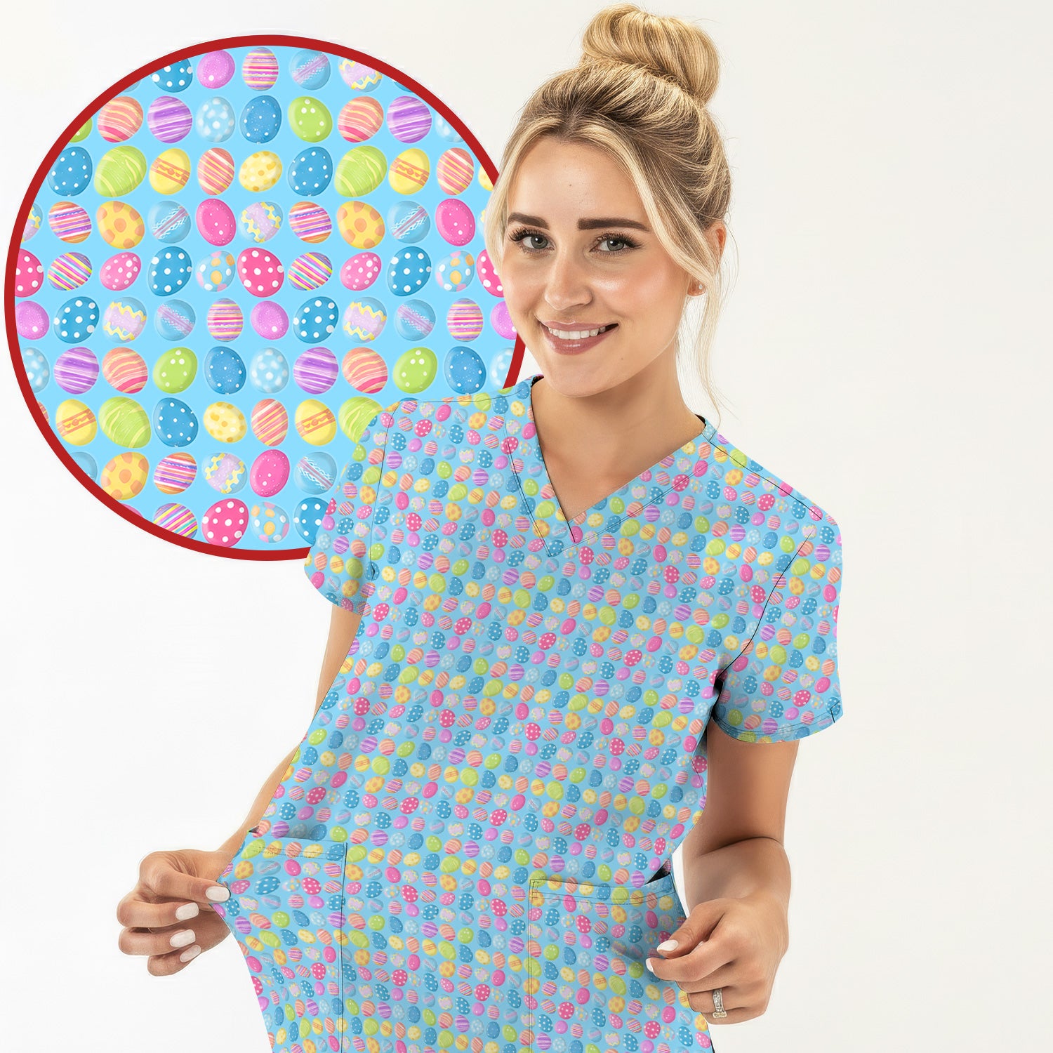 Colorful Easter Eggs Pattern Scrub Top, Comfortable Scrubs for Nurses