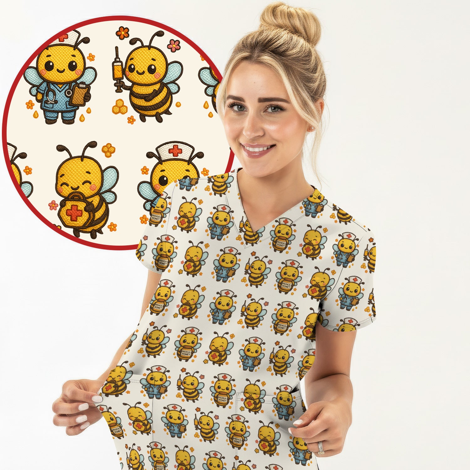 Cute Nurse Bee Scrub Top, Kawaii Medical Honey Bee Pattern Shirt for Nursing Professionals