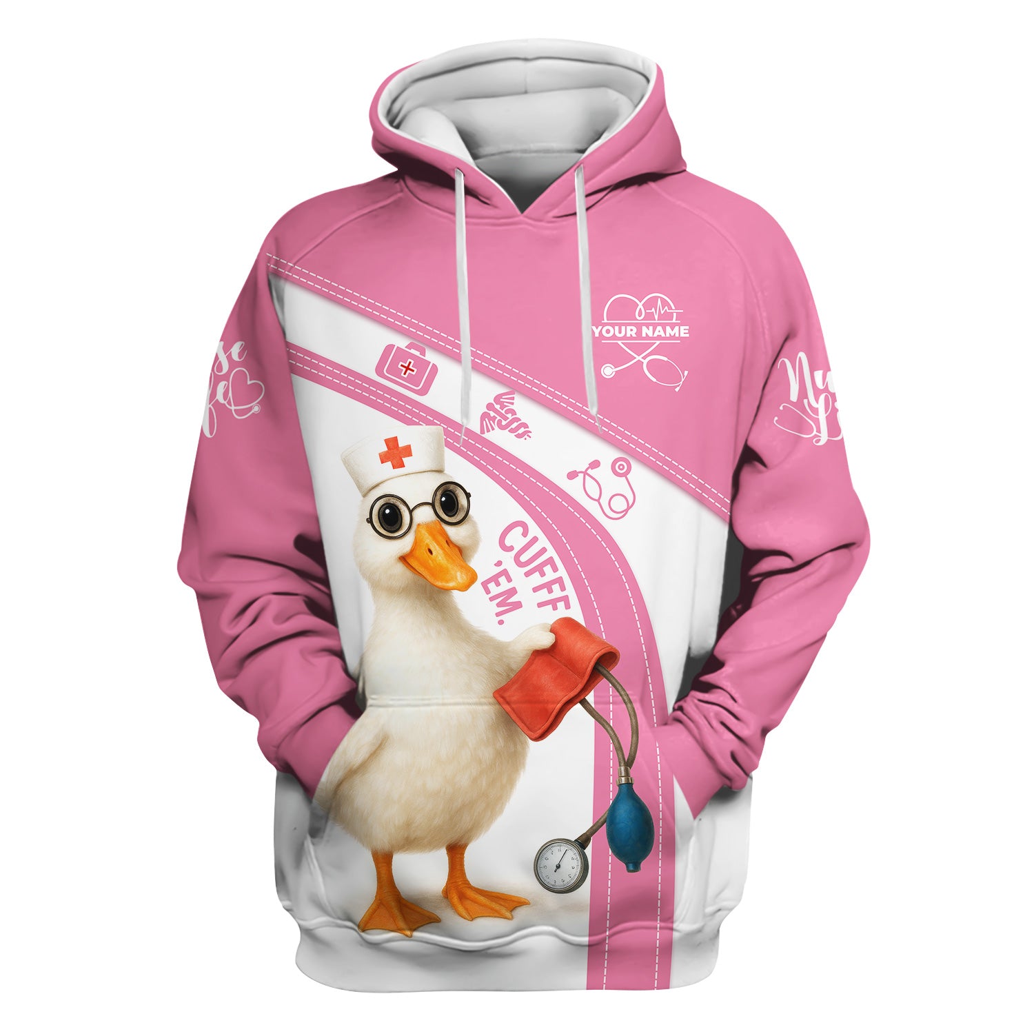 Personalized Nursing Humor Scrub for Women - Funny Duck with Stethoscope and Cuff Design - Custom Name Medical Gift for RN LPN CNA