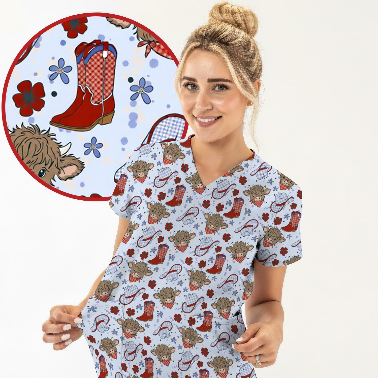 Cute Highland Cow Cowboy Boots Pattern Scrub Top, Comfortable Scrubs for Nurses
