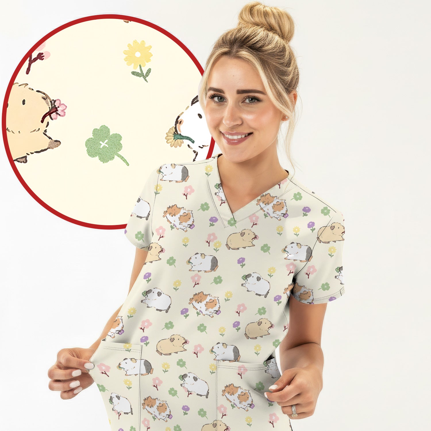 Cozy Guinea Pig Floral Doodle Pattern Scrub Top, Comfortable Scrubs for Nurses