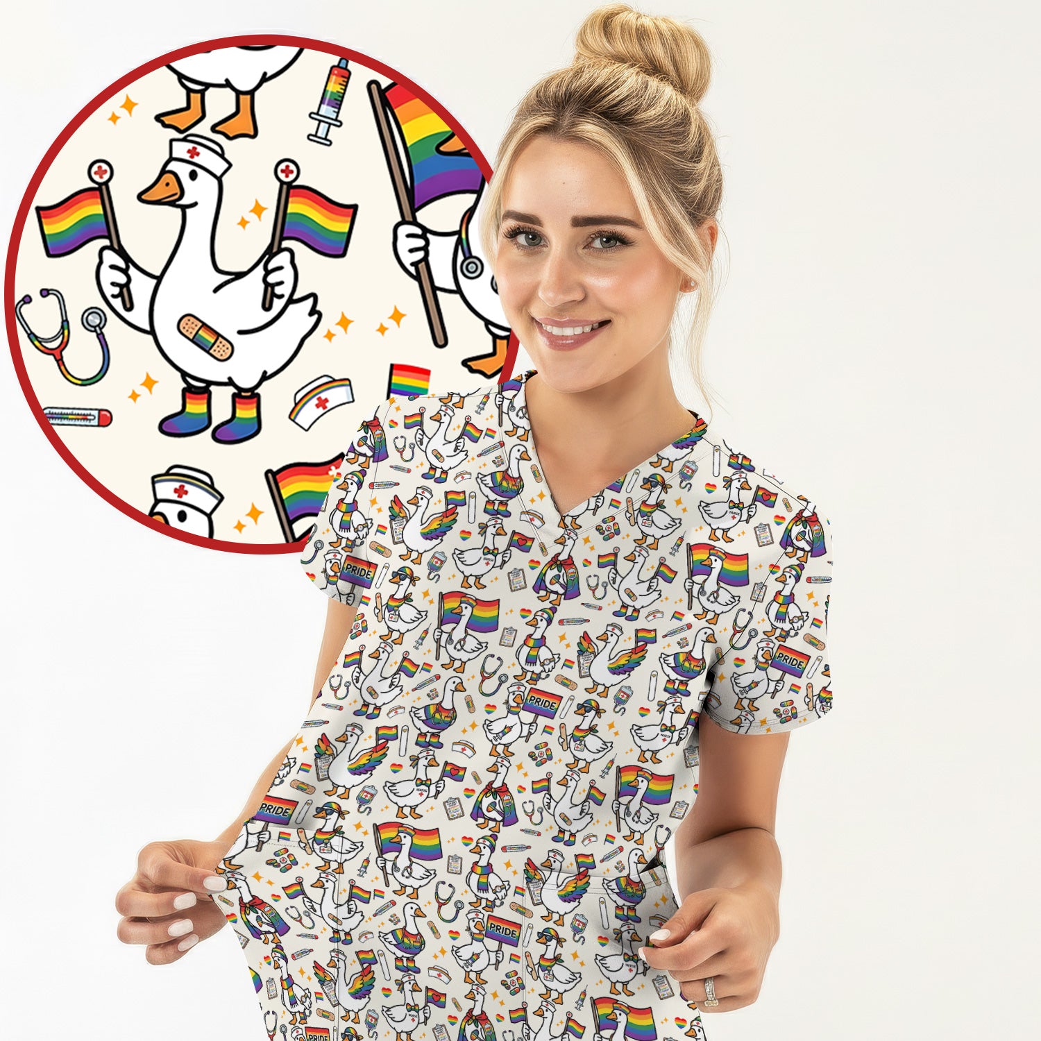 LGBT Pride Nurse Duck Pattern Scrub Top, Breathable Fabrics Nursing Uniform