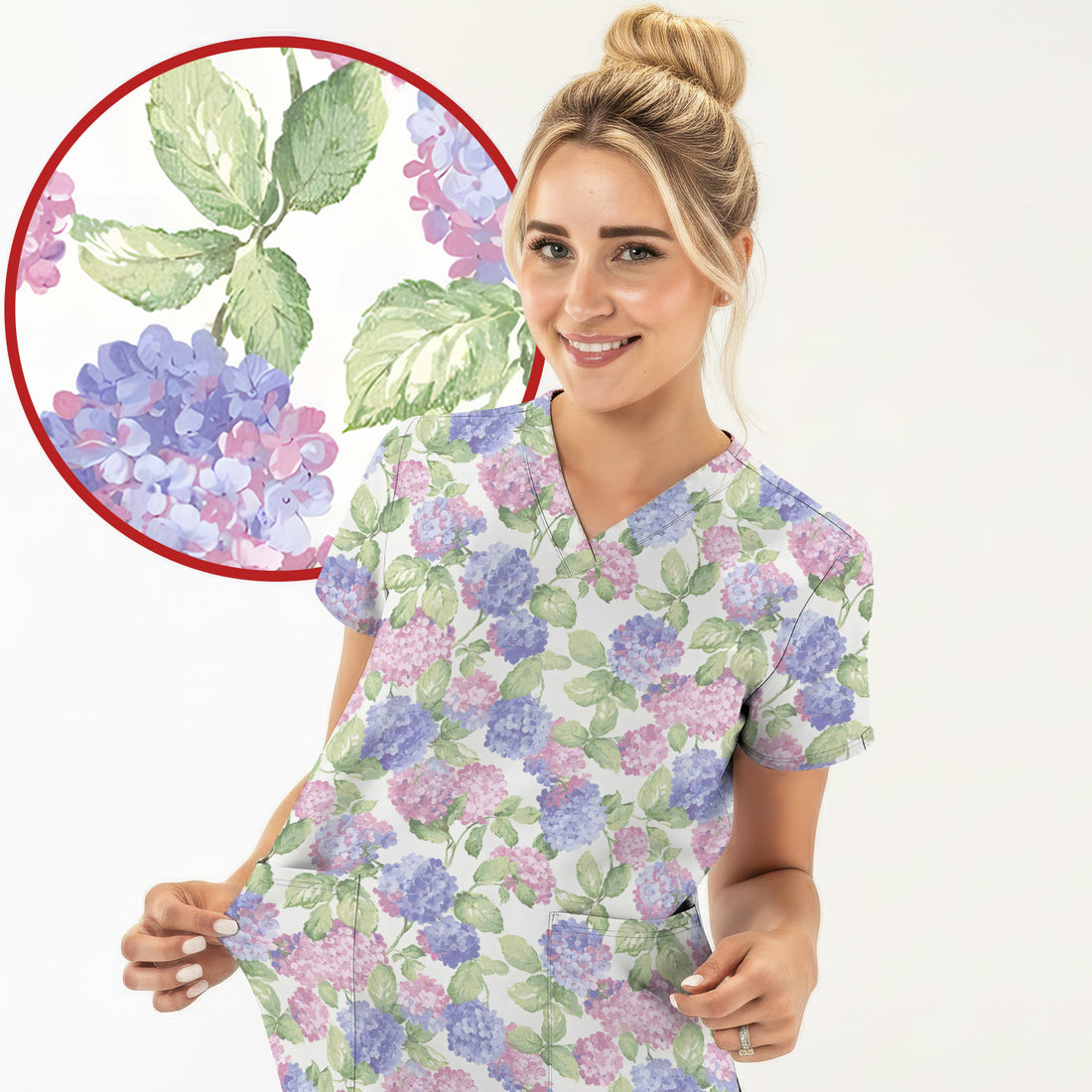 Soft Pastel Watercolor Hydrangea Floral Pattern Scrub Top, Comfortable Scrubs for Nurses