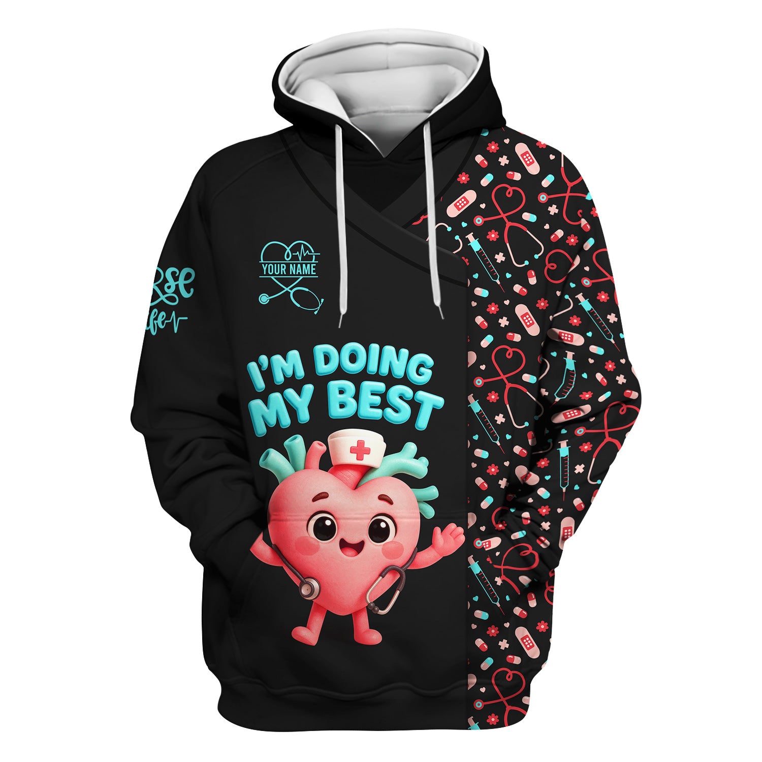Funny Custom Nurse Scrub Top with Heart - I'm Doing My Best Quote & Cute Medical Icons - Personalized Gift for RN, LPN, CNA