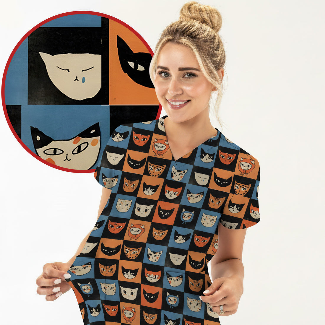 Cute Retro Cat Faces Checkerboard Print Scrub Top, Comfortable Scrubs For Nurses