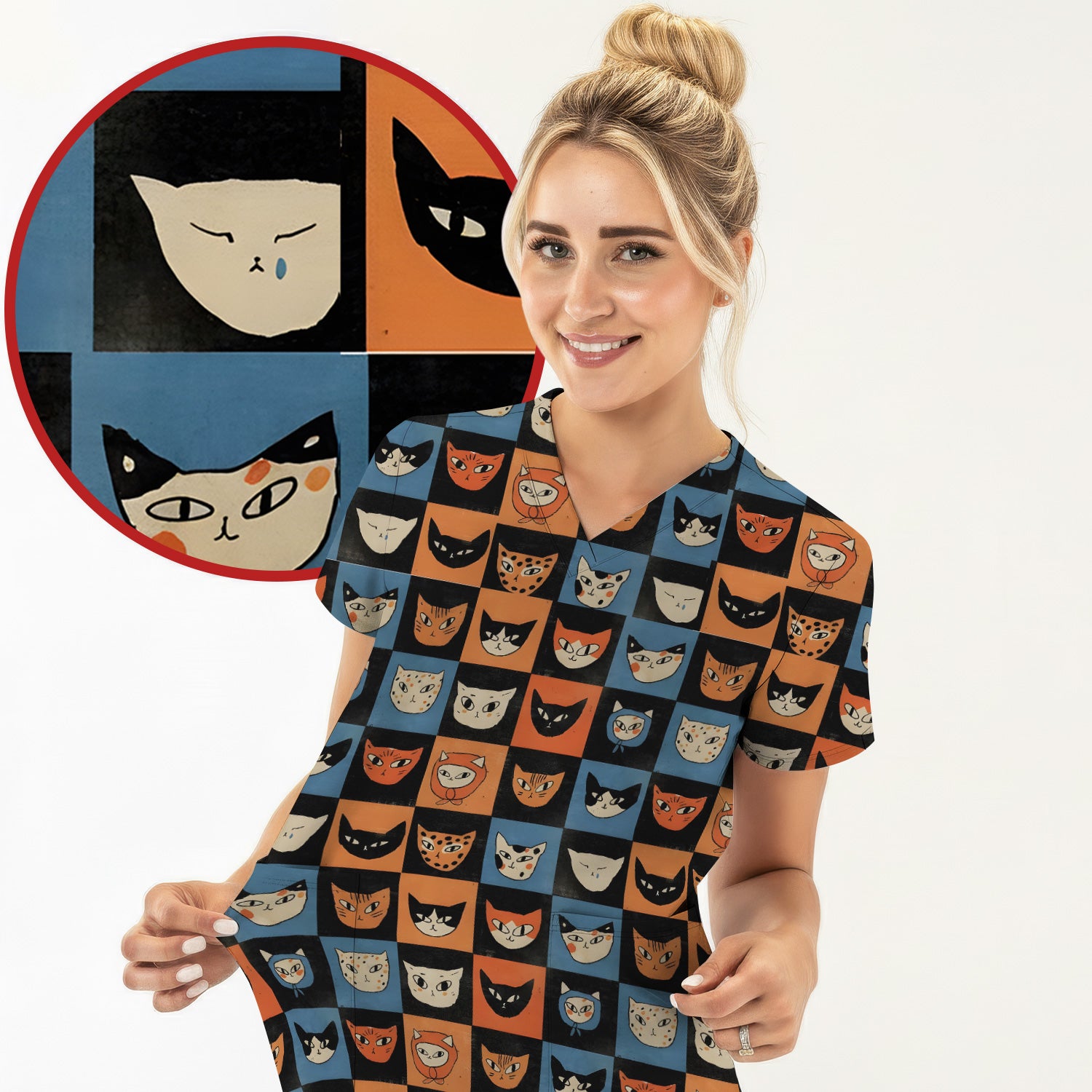 Cute Retro Cat Faces Checkerboard Print Scrub Top, Comfortable Scrubs For Nurses