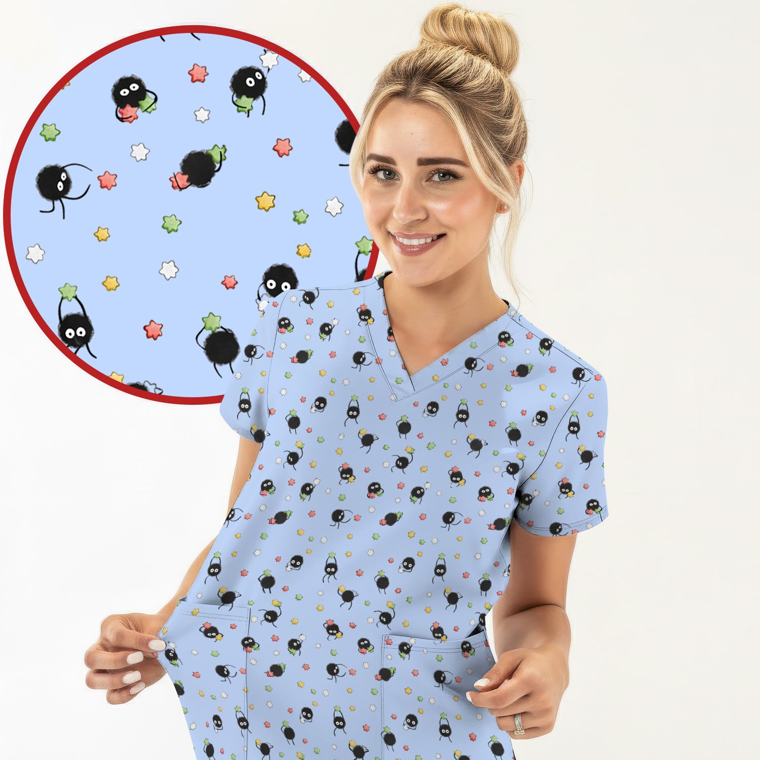 Funny Spider Pattern Pattern Pattern Scrub Top, Cartoon Spider Pattern Nursing Uniform For Women