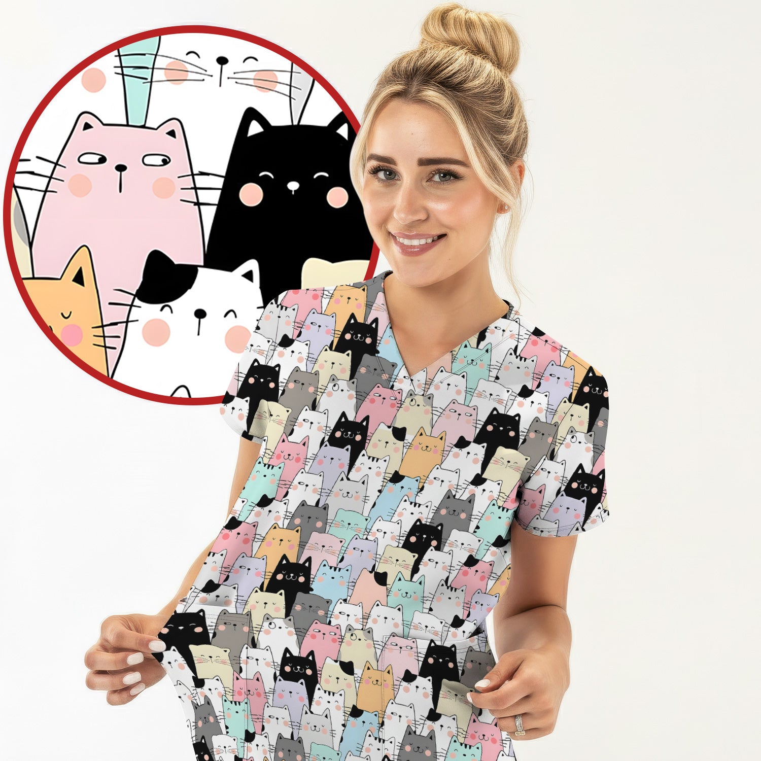 Playful Cartoon Cat Crowd Pattern Scrub Top, Comfortable Scrubs for Nurses
