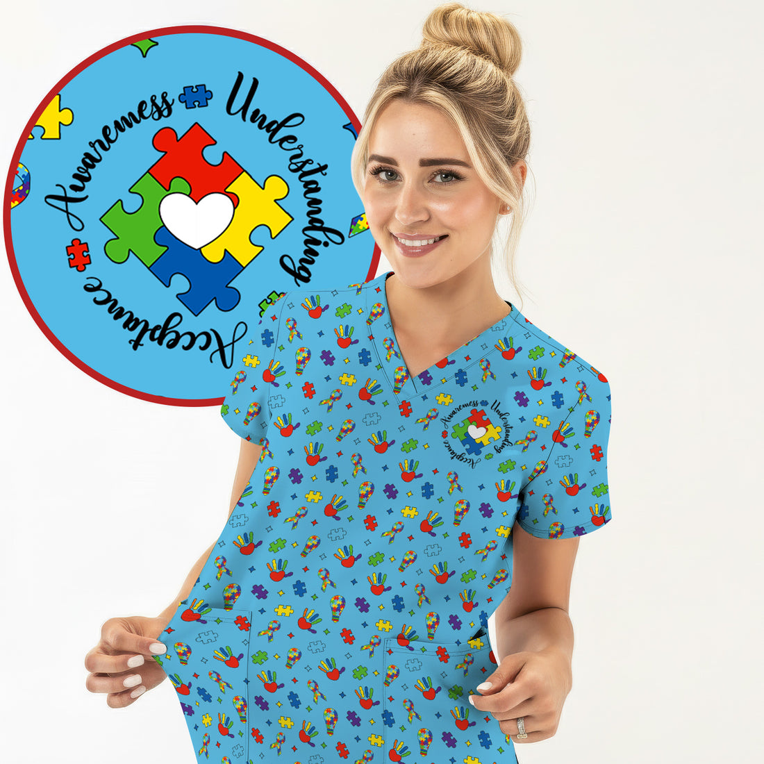 Autism Awareness Colorful Puzzle Pattern Scrub Top, Comfortable Scrubs for Nurses