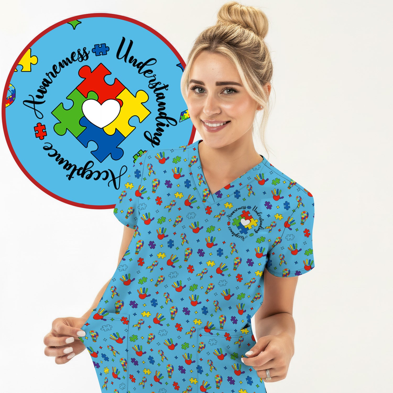 Autism Awareness Colorful Puzzle Pattern Scrub Top, Comfortable Scrubs for Nurses
