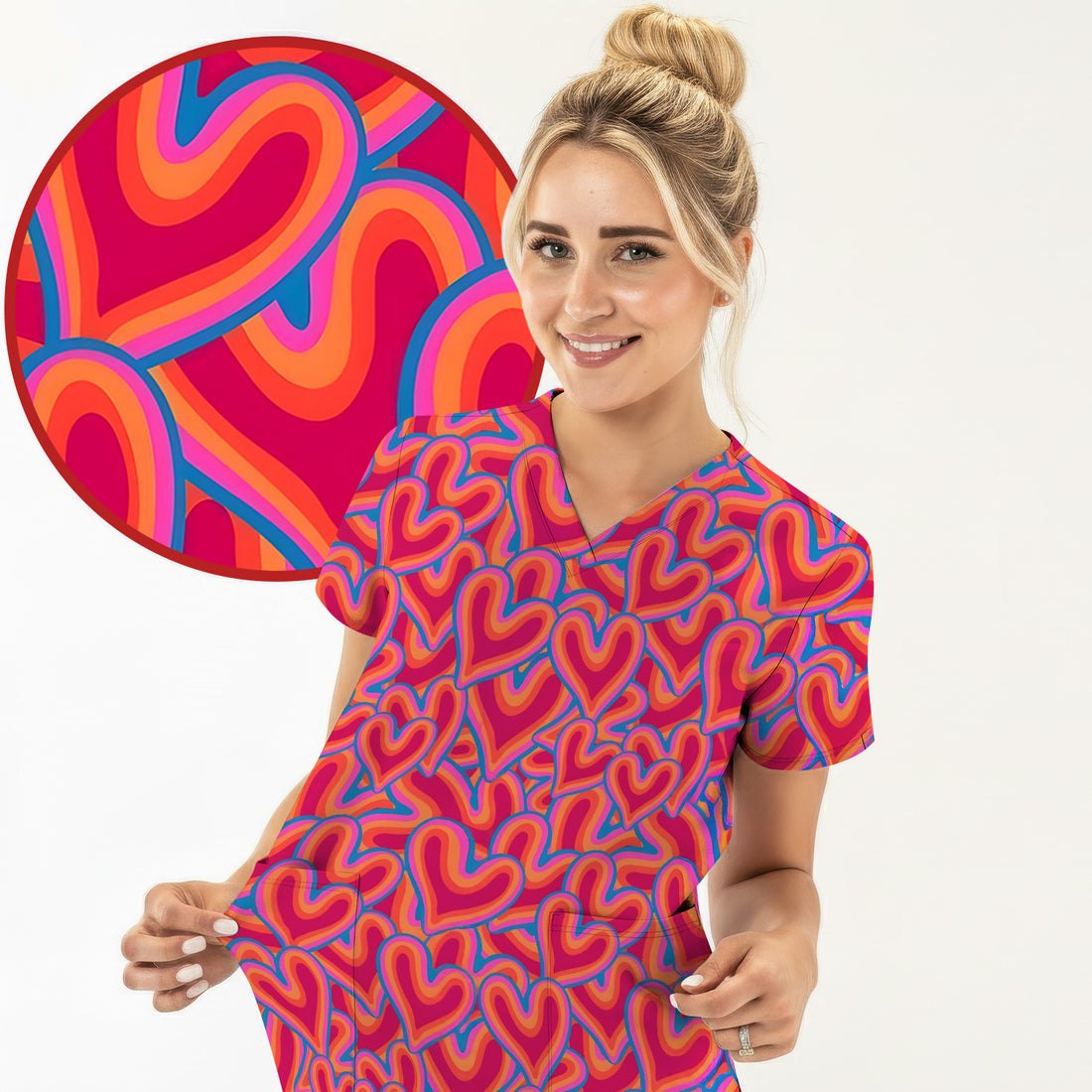 Cute Valentine Nurse Heart Pattern Scrub Top, Comfortable Scrubs For Nurses