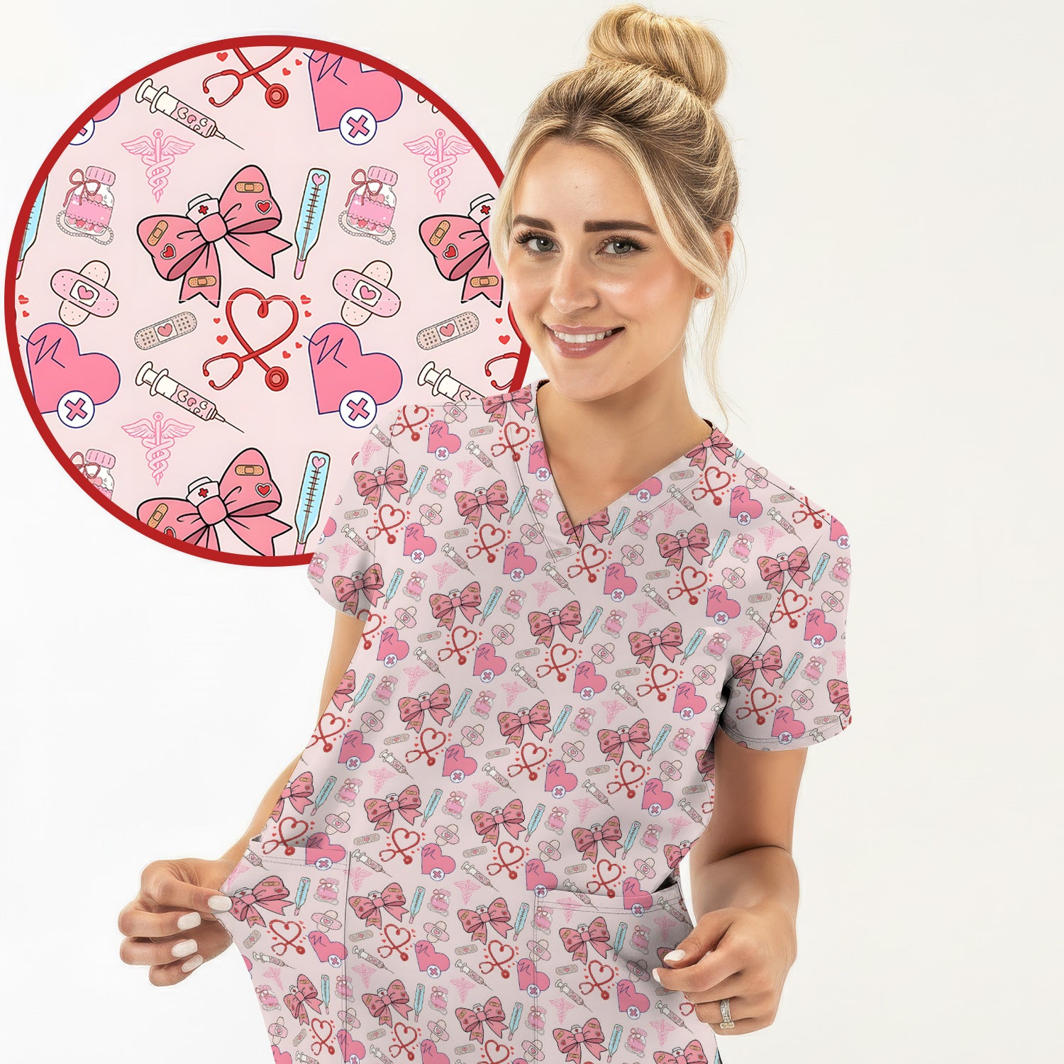 Pink Nurse Bow Heart Print Scrub Set, Scrub Pants and V Neck Top