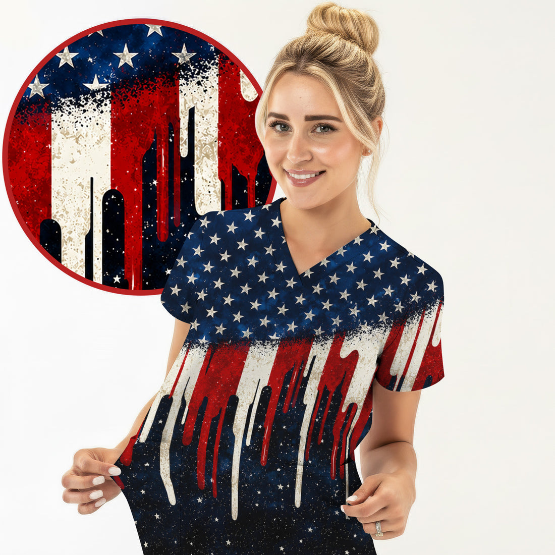 Festive Patriotic Dripping Flag Pattern Scrub Top, Comfortable Scrubs for Nurses