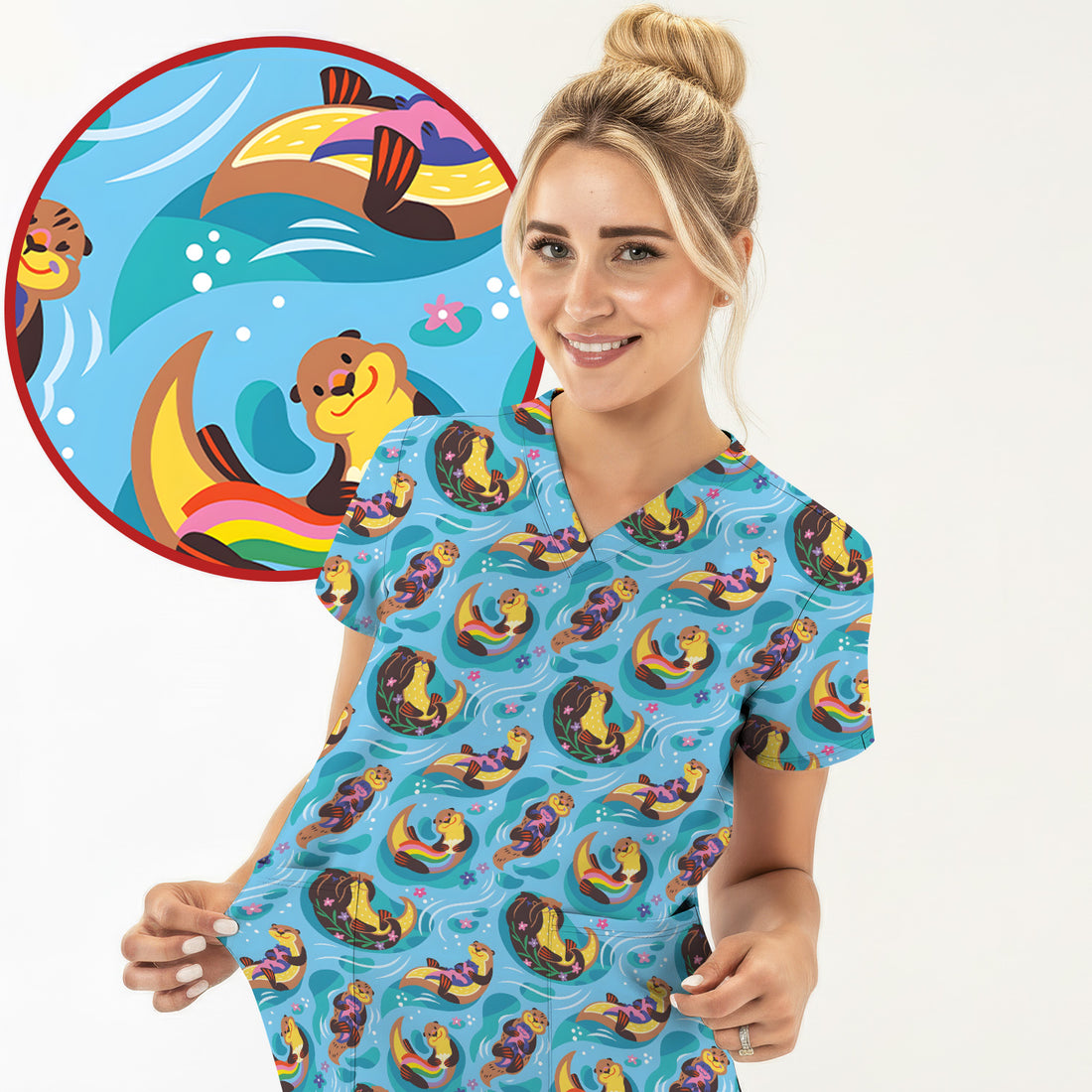 Otter Floating River Rainbow Pattern Scrub Top, Comfortable Scrubs for Nurses