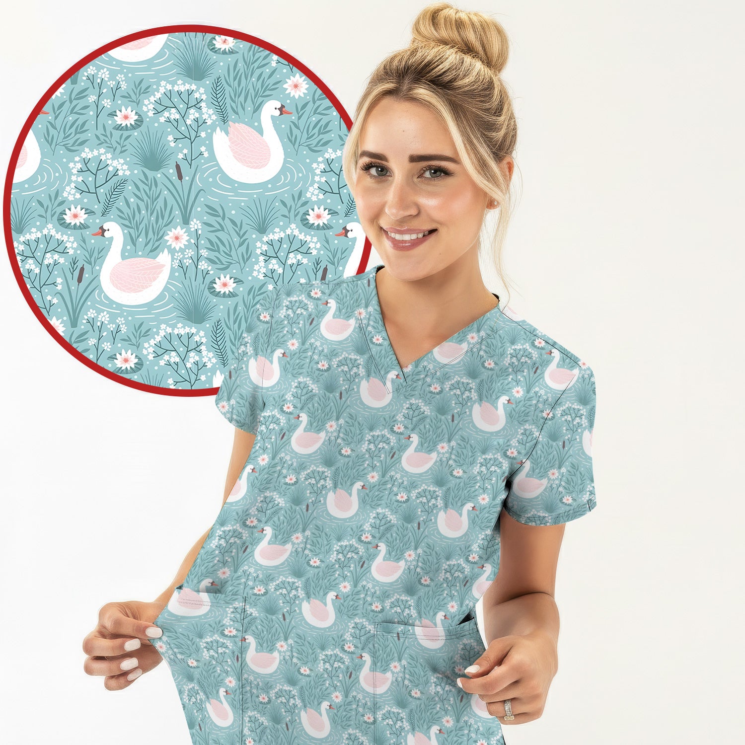 Sweet Swan Waterlily Garden Pattern Scrub Top, Comfortable Scrubs for Nurses