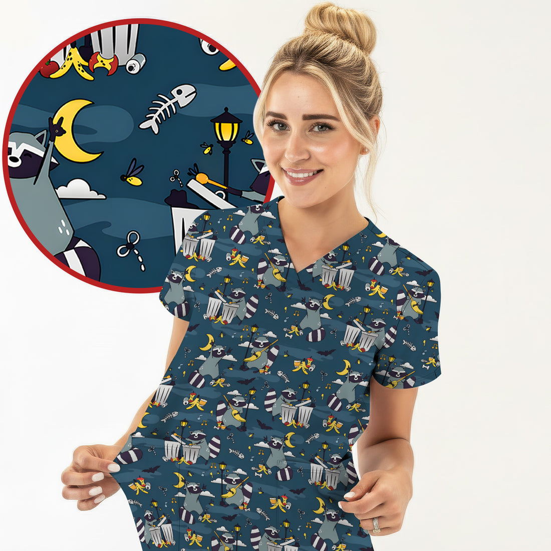 Raccoon Night Trash And Banana Peel Scrub Top, Breathable Fabrics Nursing Uniform