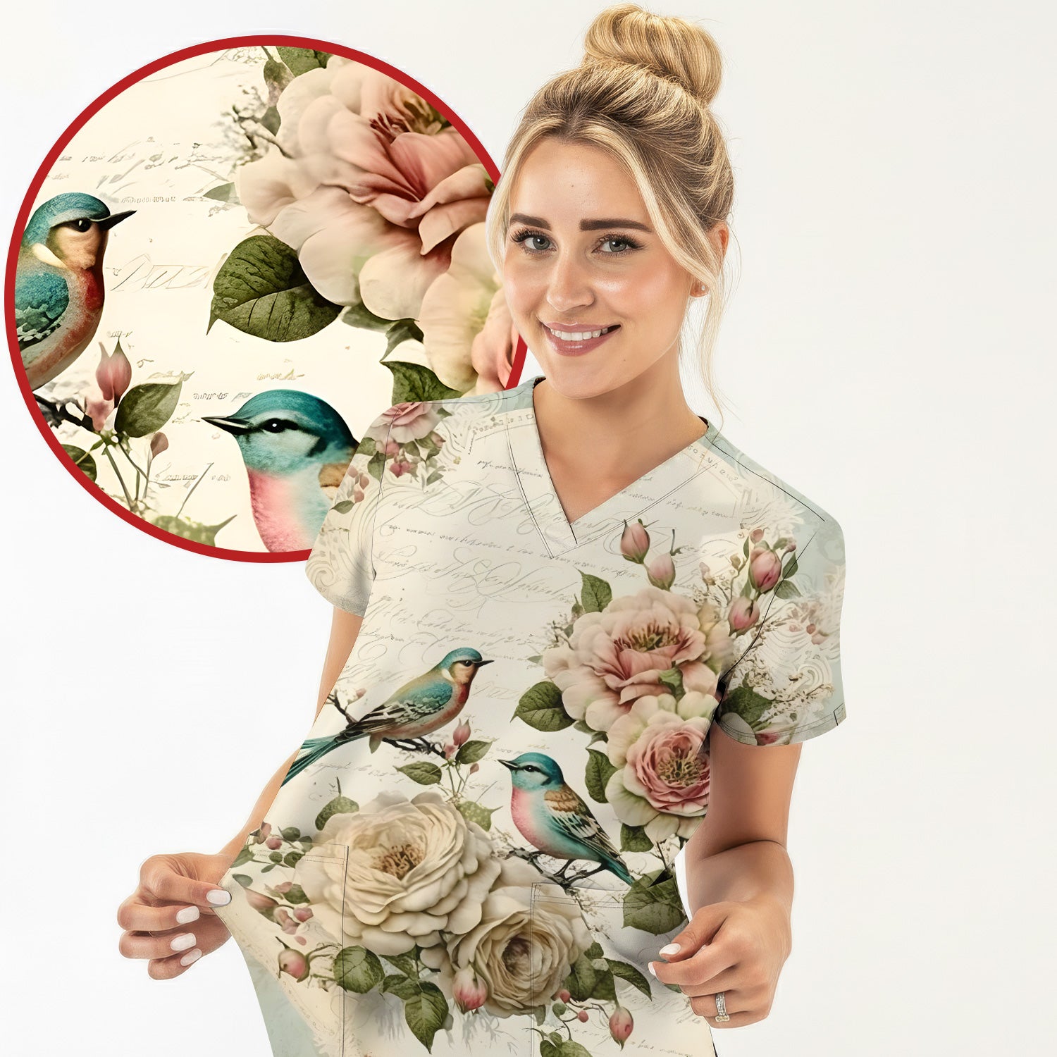 Vintage Birds Rose Pattern Scrub Top, Comfortable Scrubs for Nurses