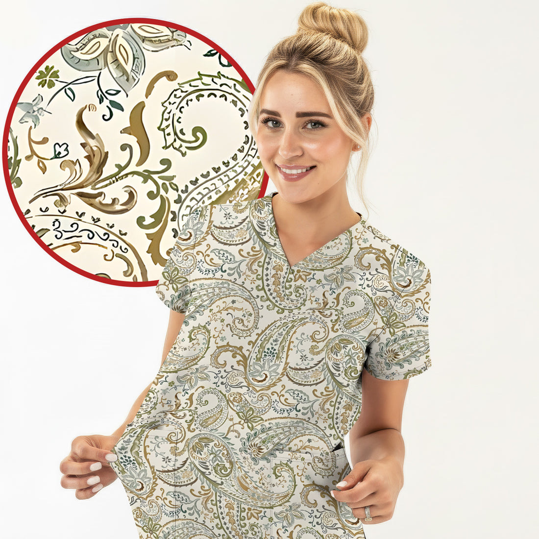 Elegant Sage Green Vintage Paisley Floral Vine Pattern Scrub Top, Comfortable Scrubs for Nurses