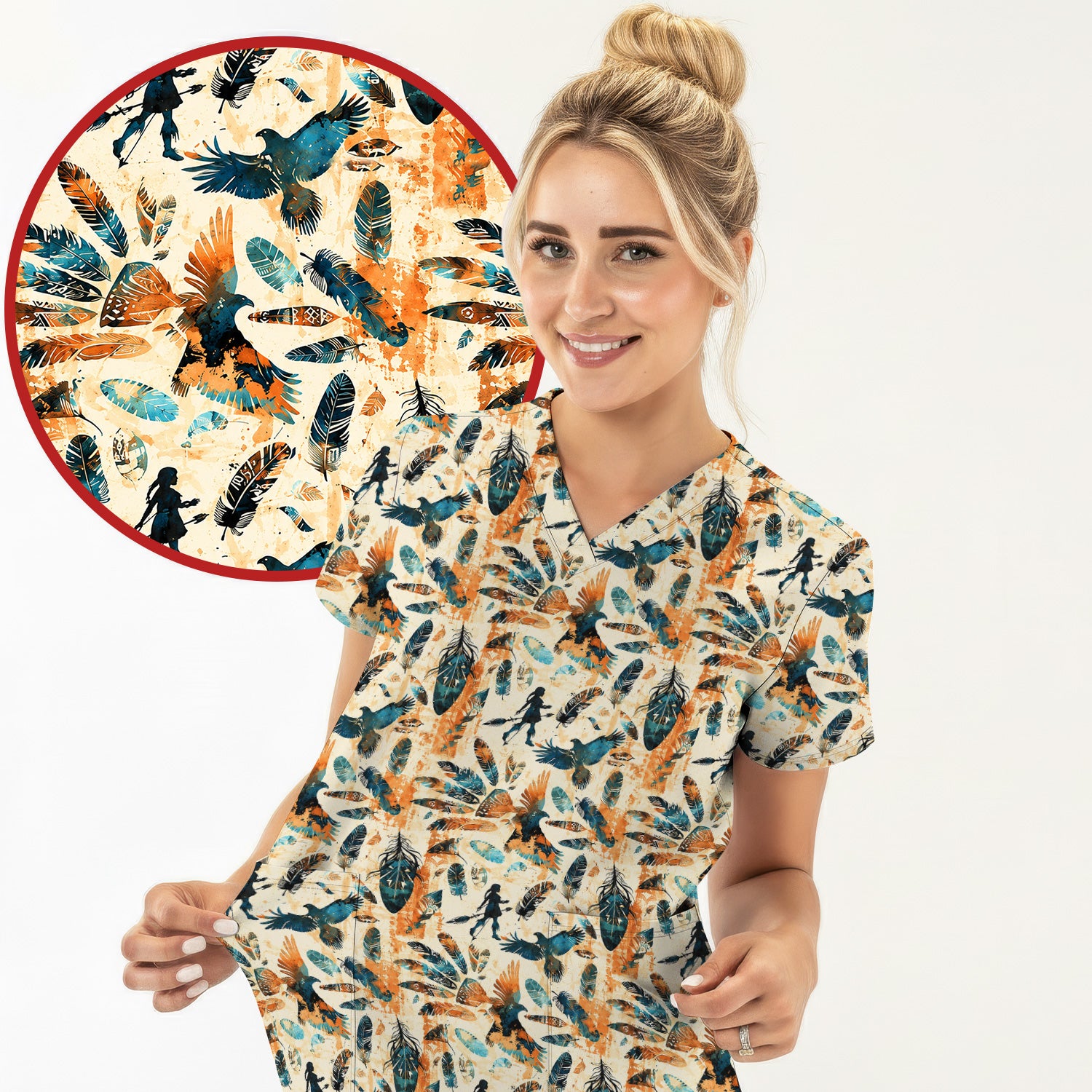 Feather Birds Tribal Print Scrub Top, Comfortable Scrubs for Nurses