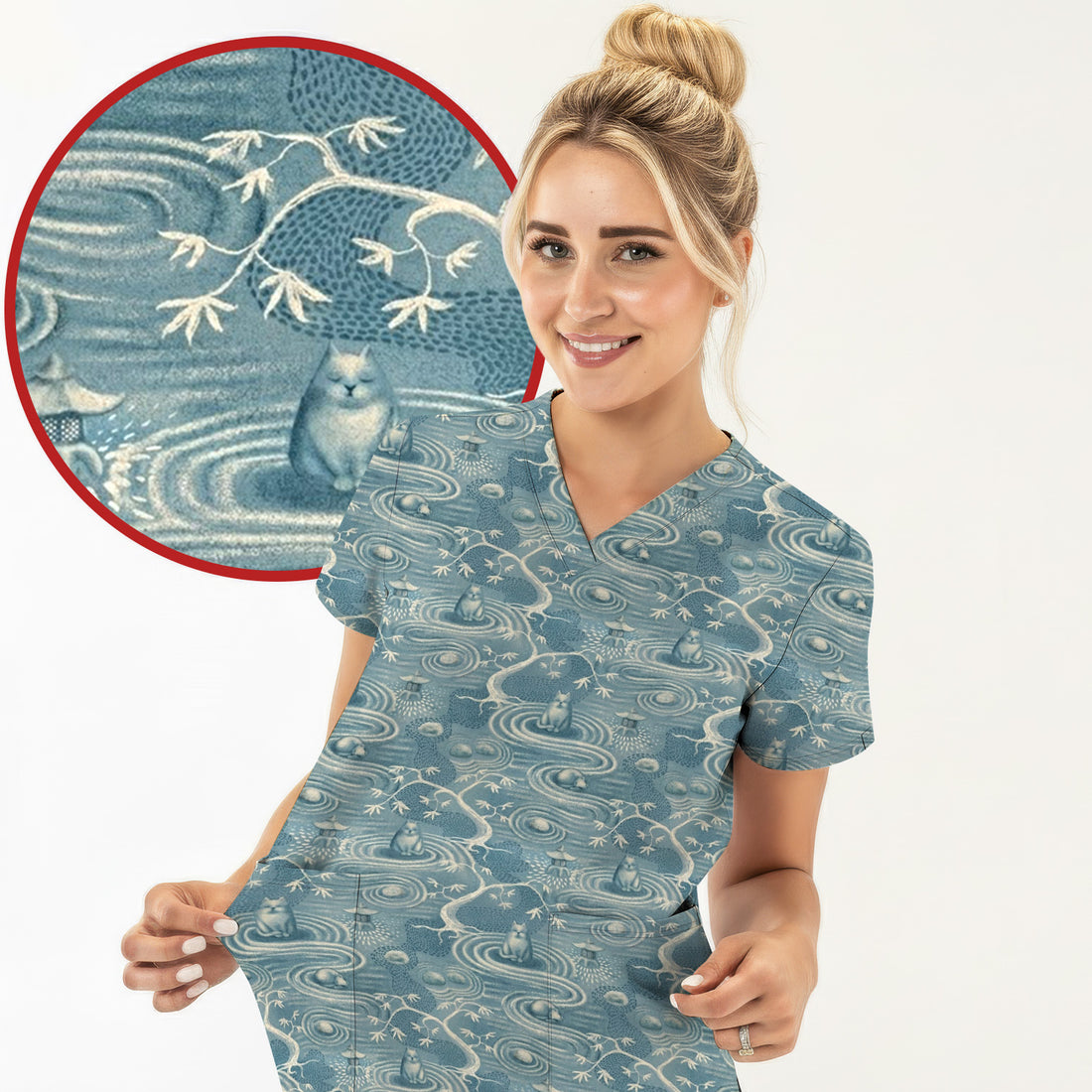 Zen Cat Water Garden Pattern  Scrub Top, Breathable Fabrics Nursing Uniform